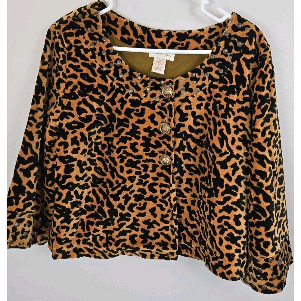 Velvet Cropped Jacket Leopard Print 3-Button Monroe & Main LARGE Orange Black - Picture 2 of 10